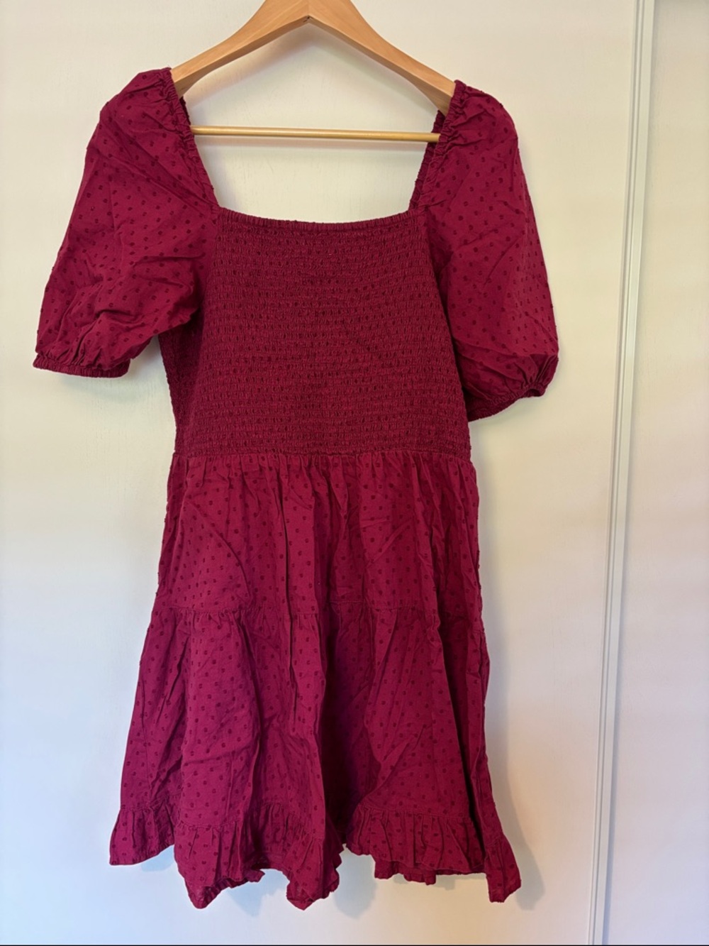 Cotton Milkmaid Dress Dark Red Maroon Size Large Smocked Peasant Cowgirl Western - Picture 2 of 9